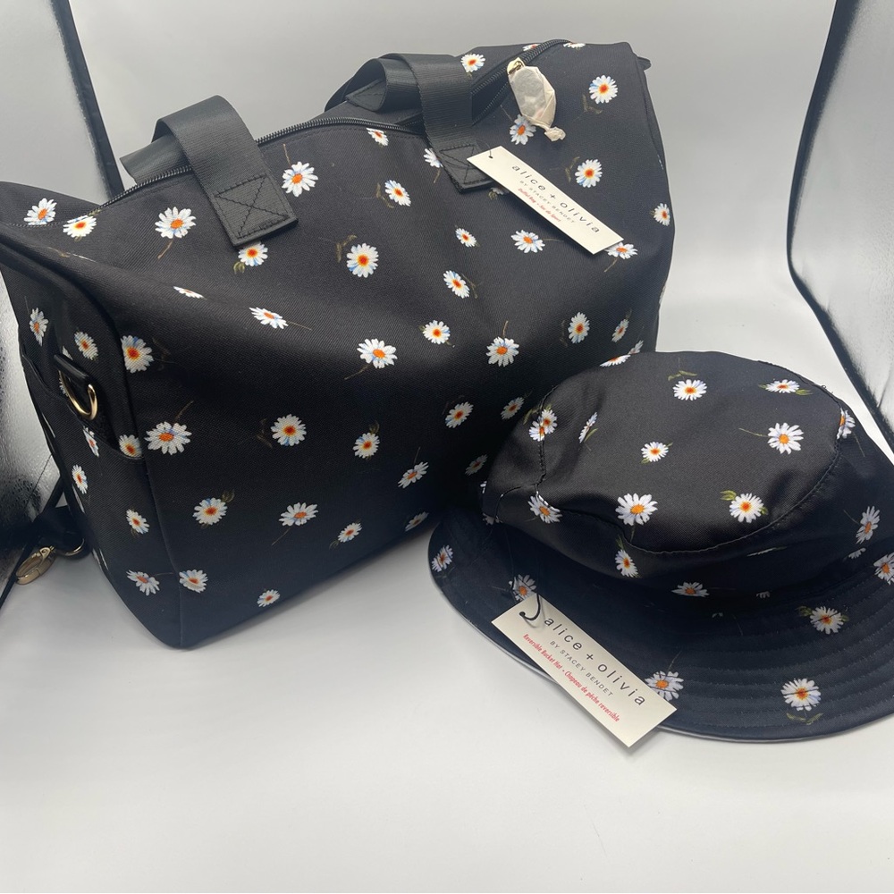 Alice + Olivia Black Floral Duffel Bag and Reversible Bucket Hat Set